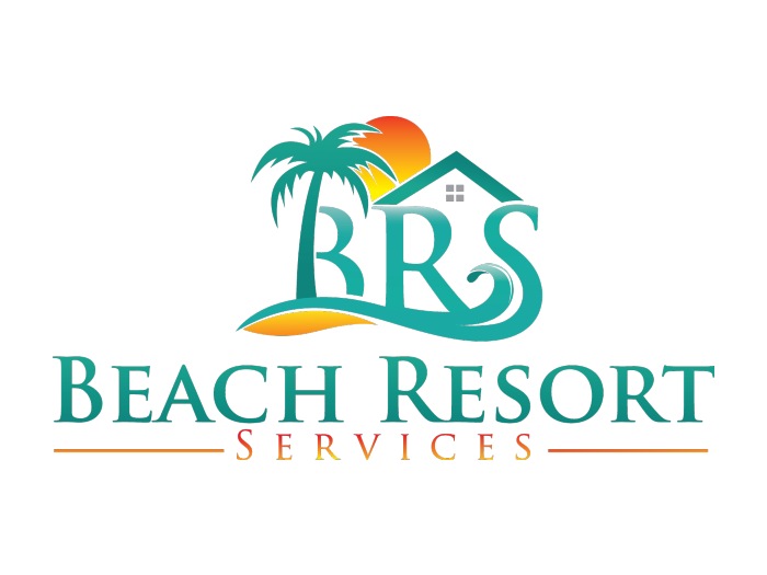 Orange and teal Beach Resort Services logo featuring a palm tree and sunset graphic