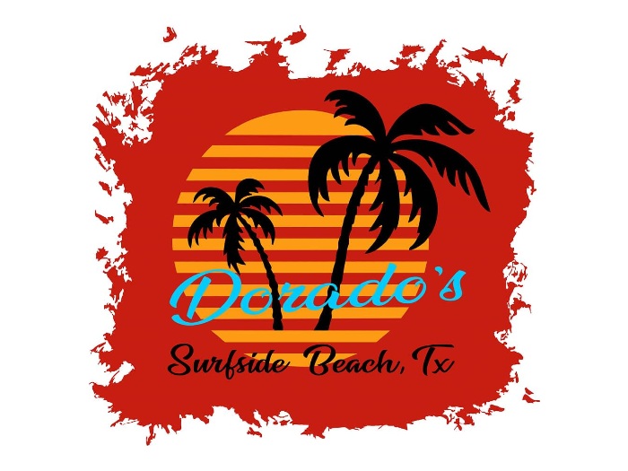Dorado’s logo featuring black illustrated palm trees on a striped orange and red background.