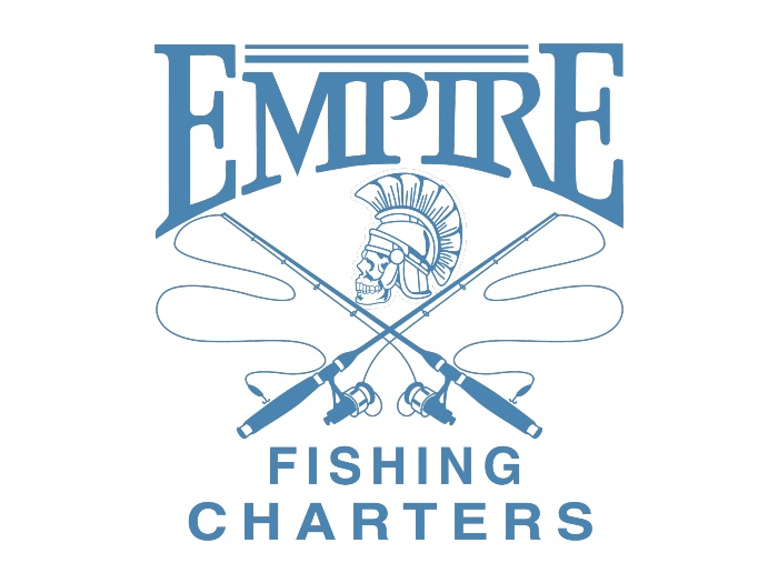 Logo of Empire Fishing Charters featuring crossed fishing rods and a helmeted warrior head in the center