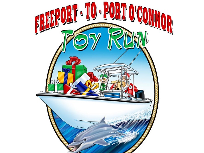 Illustration of a boat driven by Santa filled with gifts and a dolphin jumping alongside in the water titled, "Freeport to Port O'Connor Toy Run."