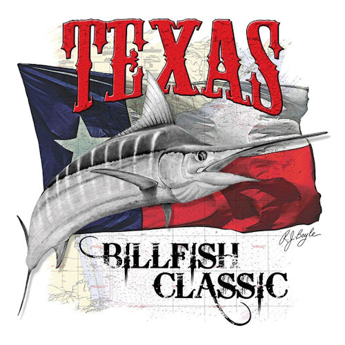 Texas Billfish Classic logo featuring a marlin in front of a Texas flag background, with bold red and black typography.
