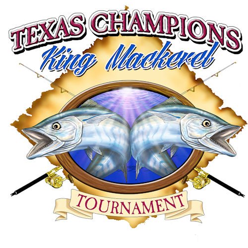 Texas Champions King Mackerel Tournament logo featuring two king mackerel fish illustrations, crossed fishing poles, and bold text